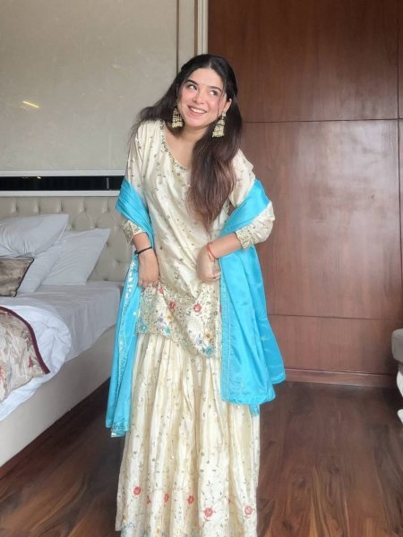 Cream and Blue Embroidered Chinon Sharara Suit with Sequins Work Festive Ready Outfit Ready To Wear Suit
