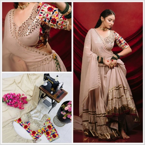 Charming Cream Designer Mal Mal Cotton Lehenga Set with Real Mirror Work For Navratri Wear Navratri Lehnega Choli