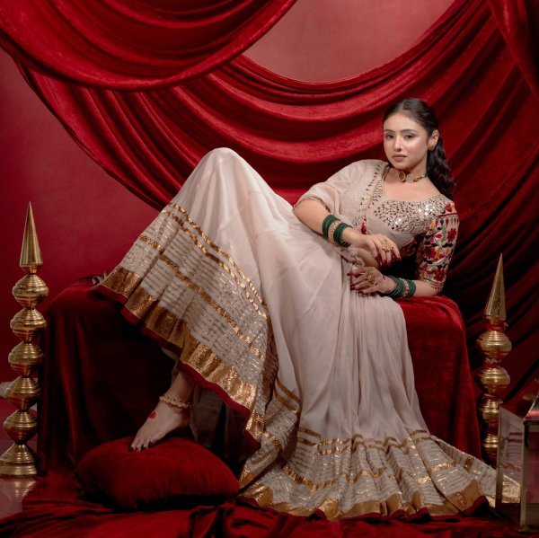 Charming Cream Designer Mal Mal Cotton Lehenga Set with Real Mirror Work For Navratri Wear Navratri Lehnega Choli