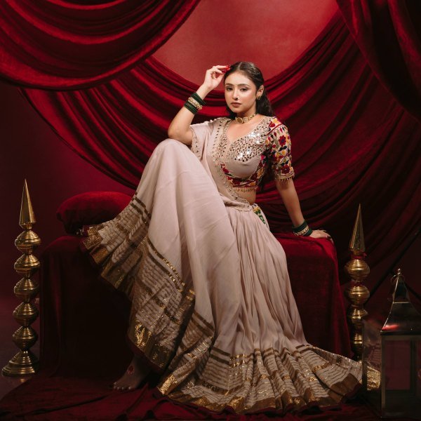 Charming Cream Designer Mal Mal Cotton Lehenga Set with Real Mirror Work For Navratri Wear Navratri Lehnega Choli