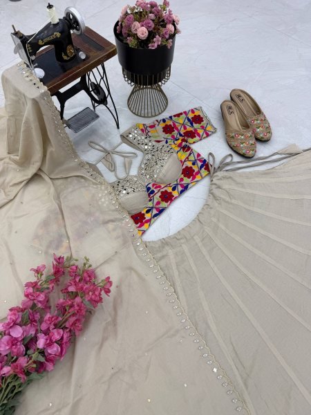 Charming Cream Designer Mal Mal Cotton Lehenga Set with Real Mirror Work For Navratri Wear Navratri Lehnega Choli