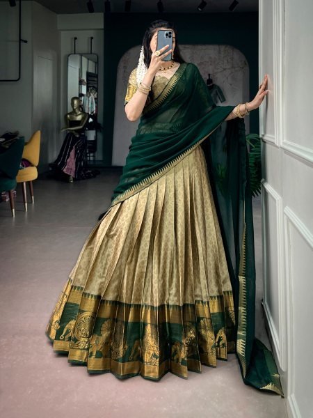 Charming Cream Green Poly Cotton Lehenga Set with Rich Zari Weaving and Georgette Dupatta  Lehenga
