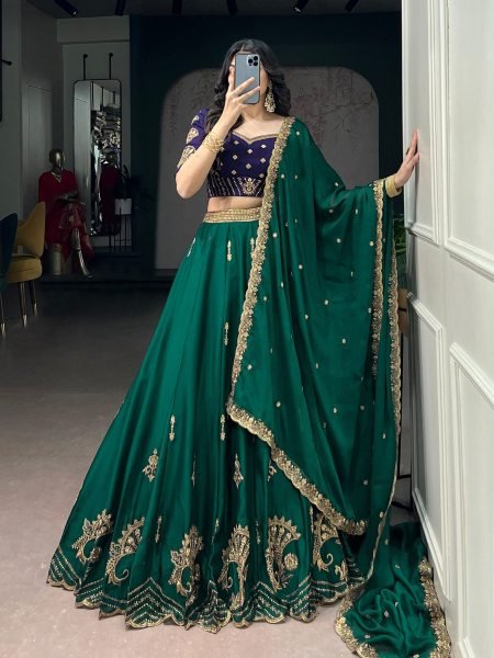 Charming Dark Green Rangoli Silk Lehenga Set with Thread Work at Wholesale Rate 