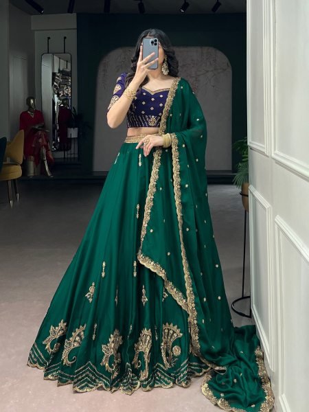 Charming Dark Green Rangoli Silk Lehenga Set with Thread Work at Wholesale Rate Designer Lehenga Choli