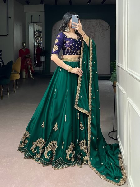 Charming Dark Green Rangoli Silk Lehenga Set with Thread Work at Wholesale Rate Designer Lehenga Choli