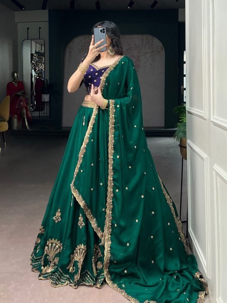 Charming Dark Green Rangoli Silk Lehenga Set with Thread Work at Wholesale Rate Designer Lehenga Choli