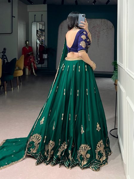Charming Dark Green Rangoli Silk Lehenga Set with Thread Work at Wholesale Rate Designer Lehenga Choli