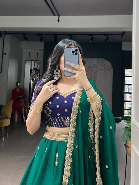 Charming Dark Green Rangoli Silk Lehenga Set with Thread Work at Wholesale Rate Designer Lehenga Choli