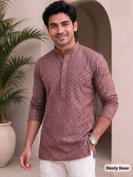 Charming Dusty Rose Designer Chikankari Rayon Kurta for Men in Full Sleeves 