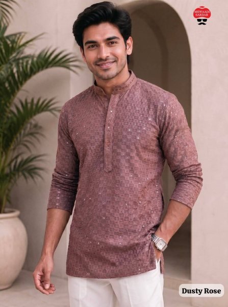Charming Dusty Rose Designer Chikankari Rayon Kurta for Men in Full Sleeves Mens Short Kurta