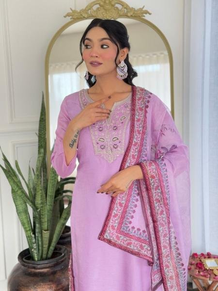 Charming Lavender Rayon Embroidered Straight Kurta Set with Dupatta Kurtis