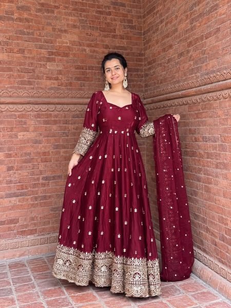 Transformative Maroon Designer Fendy Silk Anarkali Suit with Natural Crepe Pant for Wedding Ready To Wear Suit