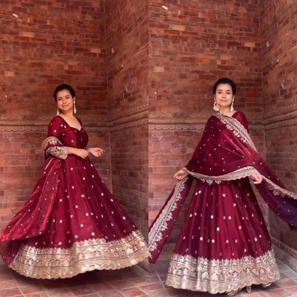 Transformative Maroon Designer Fendy Silk Anarkali Suit with Natural Crepe Pant for Wedding Ready To Wear Collection