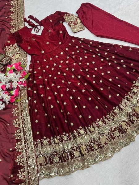 Transformative Maroon Designer Fendy Silk Anarkali Suit with Natural Crepe Pant for Wedding Ready To Wear Collection