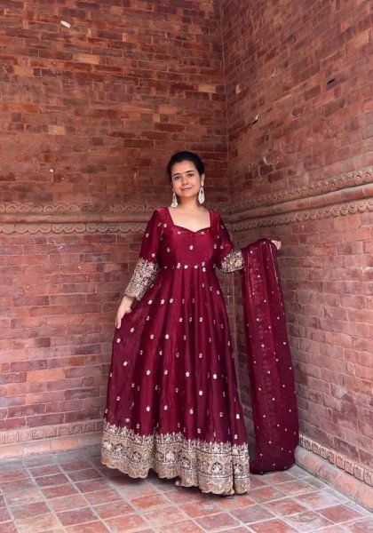 Transformative Maroon Designer Fendy Silk Anarkali Suit with Natural Crepe Pant for Wedding Ready To Wear Collection