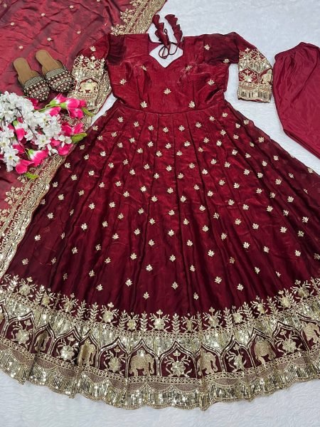 Transformative Maroon Designer Fendy Silk Anarkali Suit with Natural Crepe Pant for Wedding Ready To Wear Collection