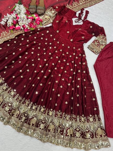 Transformative Maroon Designer Fendy Silk Anarkali Suit with Natural Crepe Pant for Wedding Ready To Wear Collection