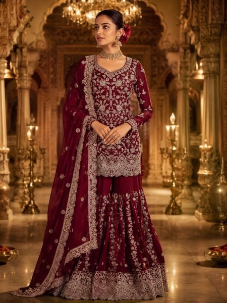 Charming Maroon Faux Georgette Sharara Suit Set with Thread Sequins Work Ready To Wear Suit