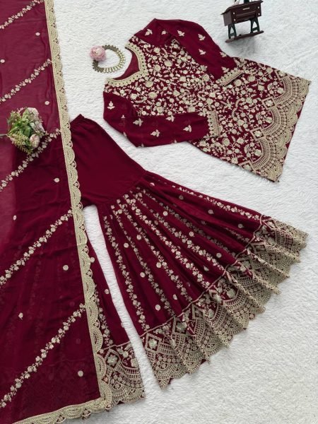 Charming Maroon Faux Georgette Sharara Suit Set with Thread Sequins Work Ready To Wear Collection
