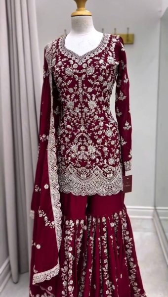 Charming Maroon Faux Georgette Sharara Suit Set with Thread Sequins Work Ready To Wear Collection