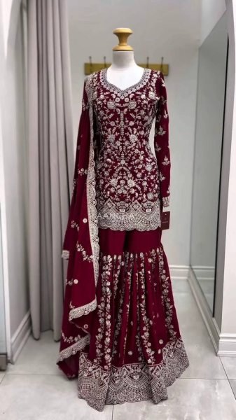 Charming Maroon Faux Georgette Sharara Suit Set with Thread Sequins Work Ready To Wear Collection