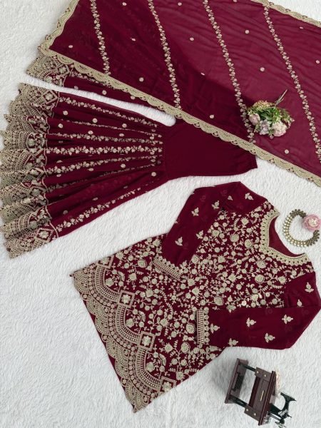 Charming Maroon Faux Georgette Sharara Suit Set with Thread Sequins Work Ready To Wear Collection