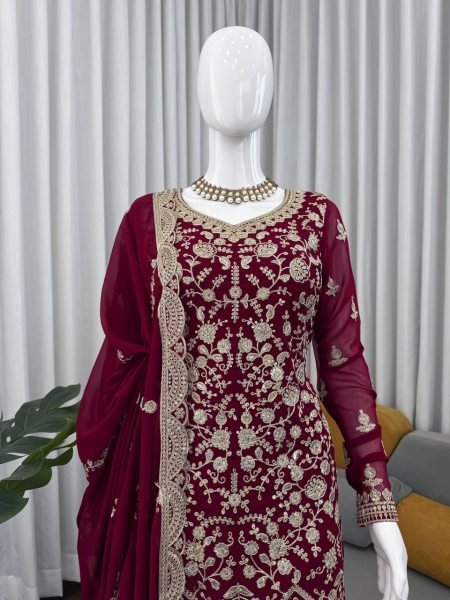 Charming Maroon Faux Georgette Sharara Suit Set with Thread Sequins Work Ready To Wear Collection