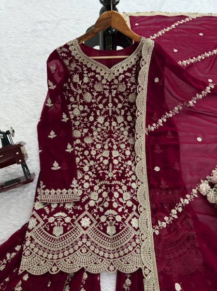 Charming Maroon Faux Georgette Sharara Suit Set with Thread Sequins Work Ready To Wear Collection