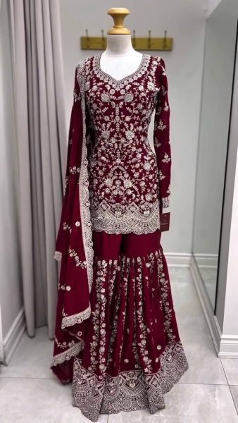 Charming Maroon Faux Georgette Sharara Suit Set with Thread Sequins Work Ready To Wear Collection