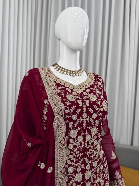 Charming Maroon Faux Georgette Sharara Suit Set with Thread Sequins Work Ready To Wear Collection