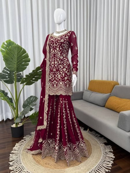 Charming Maroon Faux Georgette Sharara Suit Set with Thread Sequins Work Ready To Wear Collection