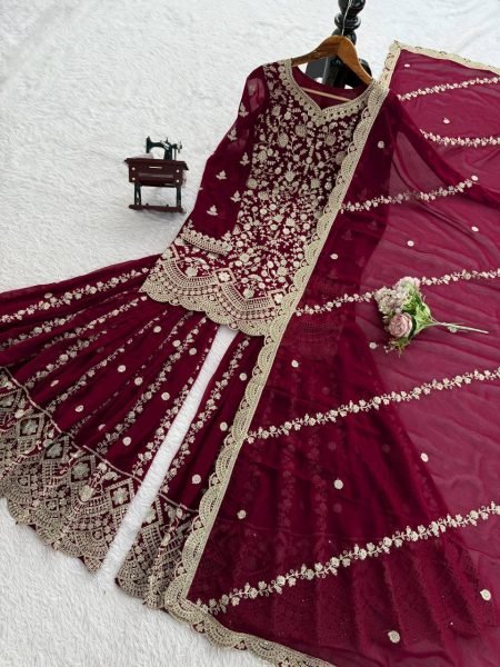 Charming Maroon Faux Georgette Sharara Suit Set with Thread Sequins Work Ready To Wear Collection