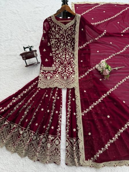 Charming Maroon Faux Georgette Sharara Suit Set with Thread Sequins Work Ready To Wear Collection