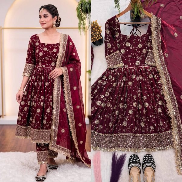 Charming Marron Silk Gown Set for Special Occasions Ready To Wear Collection