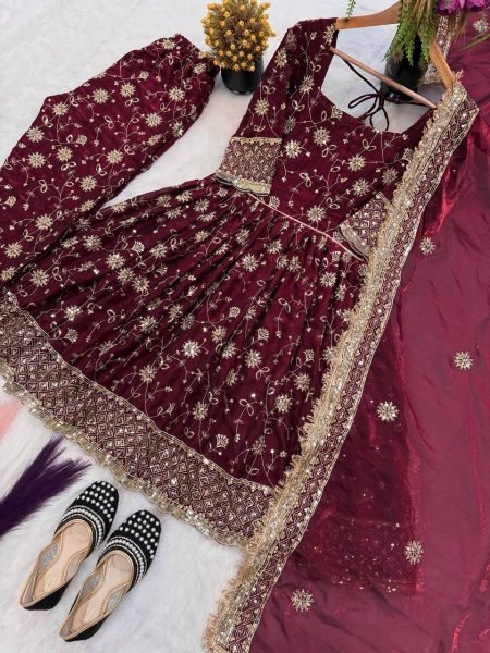 Charming Marron Silk Gown Set for Special Occasions Ready To Wear Collection