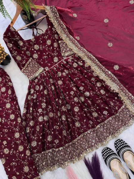 Charming Marron Silk Gown Set for Special Occasions Ready To Wear Collection