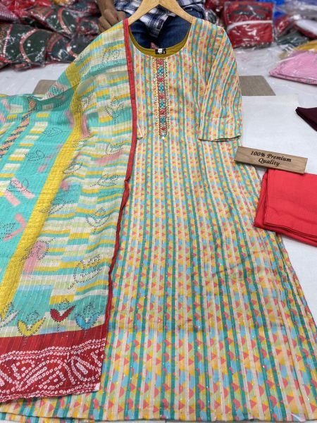 Charming Maslin Printed Kurta Set with Mirror and Sequence Work for Casual Wear  Straight Cut Long Kurtis