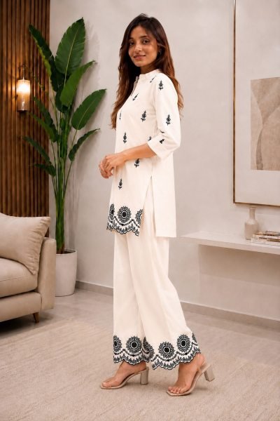 Charming OffWhite Ethnic Wear Roman Silk Straight Fit Co ord Set with Embroidery at Wholesale Rate CO ORD Sets
