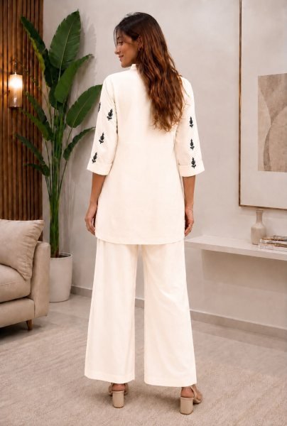 Charming OffWhite Ethnic Wear Roman Silk Straight Fit Co ord Set with Embroidery at Wholesale Rate CO ORD Sets