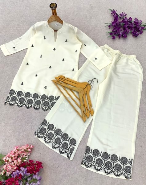 Charming OffWhite Ethnic Wear Roman Silk Straight Fit Co ord Set with Embroidery at Wholesale Rate CO ORD Sets
