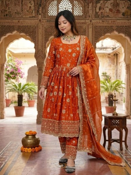 Charming orange  Heavy Fandy Silk Gown Set with Embroidery Sequence Work Ready To Wear Suit