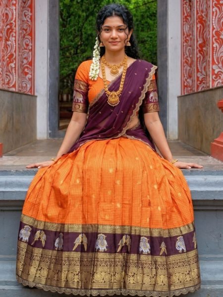 Charming Orange Gadhwal Silk Lehenga Choli with Zari Weaving and Embroidered Dupatta  Lehenga