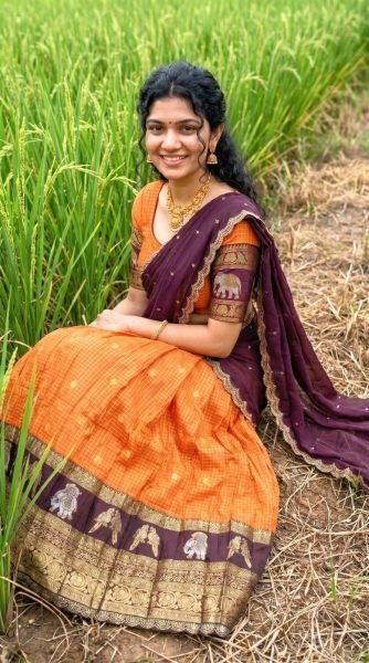 Charming Orange Gadhwal Silk Lehenga Choli with Zari Weaving and Embroidered Dupatta Half Saree Lehenga