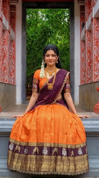 Charming Orange Gadhwal Silk Lehenga Choli with Zari Weaving and Embroidered Dupatta Half Saree Lehenga