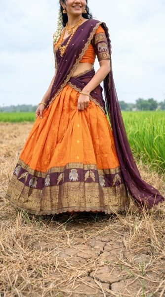 Charming Orange Gadhwal Silk Lehenga Choli with Zari Weaving and Embroidered Dupatta Half Saree Lehenga