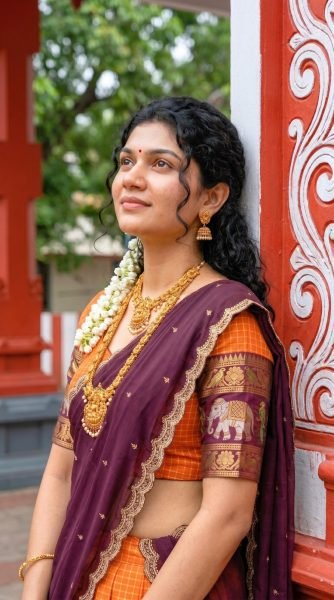 Charming Orange Gadhwal Silk Lehenga Choli with Zari Weaving and Embroidered Dupatta Half Saree Lehenga