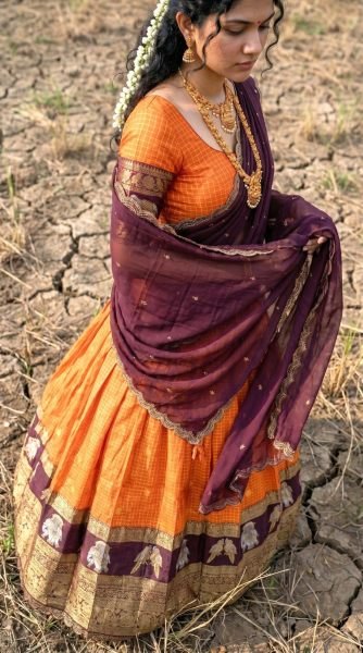 Charming Orange Gadhwal Silk Lehenga Choli with Zari Weaving and Embroidered Dupatta Half Saree Lehenga