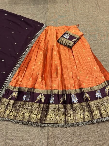 Charming Orange Gadhwal Silk Lehenga Choli with Zari Weaving and Embroidered Dupatta Half Saree Lehenga