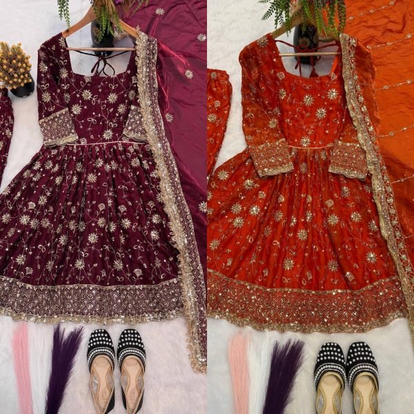 Charming orange  Heavy Fandy Silk Gown Set with Embroidery Sequence Work Ready To Wear Collection