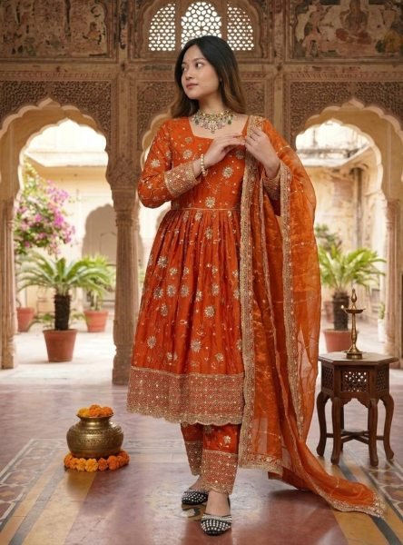 Charming orange  Heavy Fandy Silk Gown Set with Embroidery Sequence Work Ready To Wear Collection